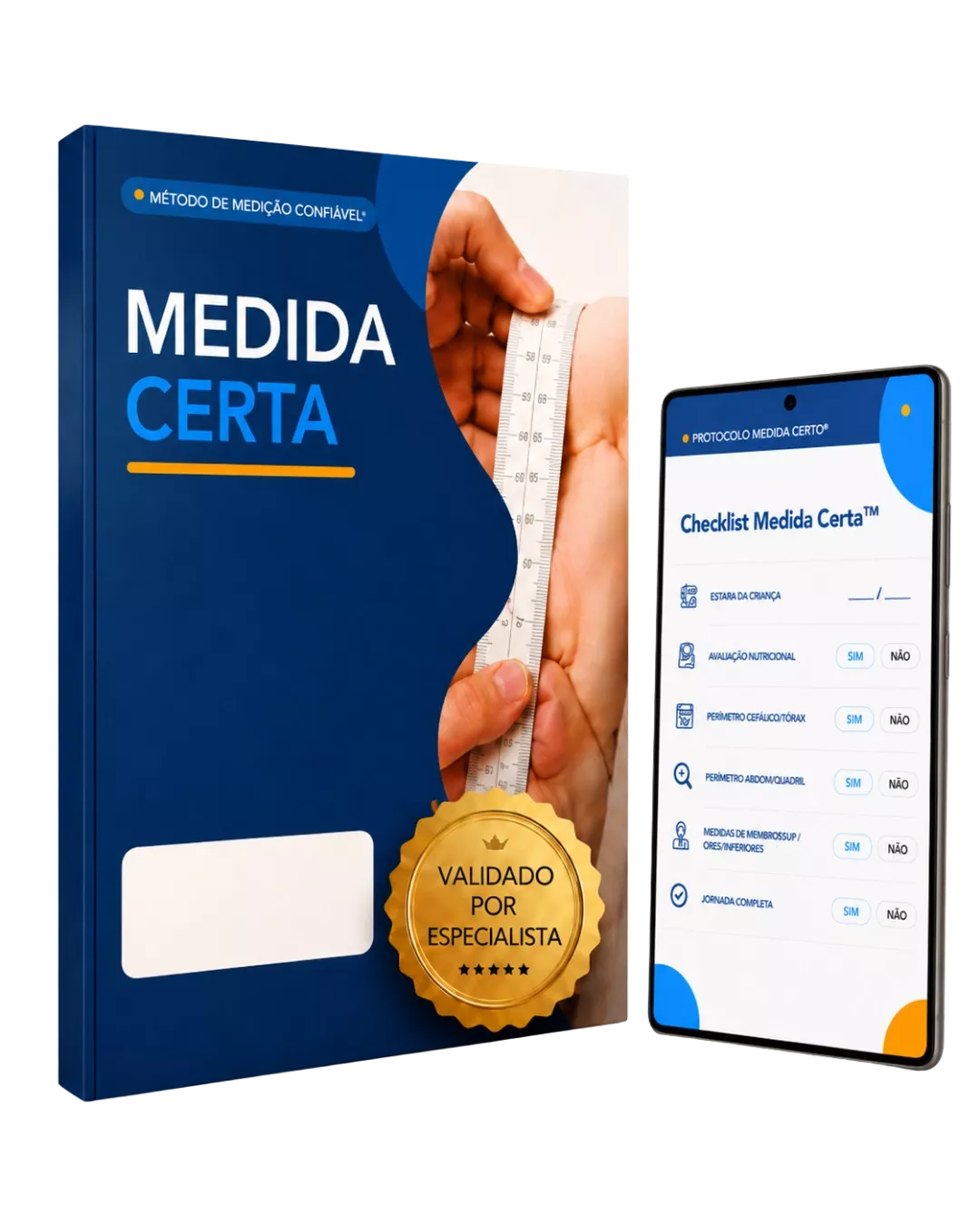 Mockup do guia digital Medida Certa em livro e tablet